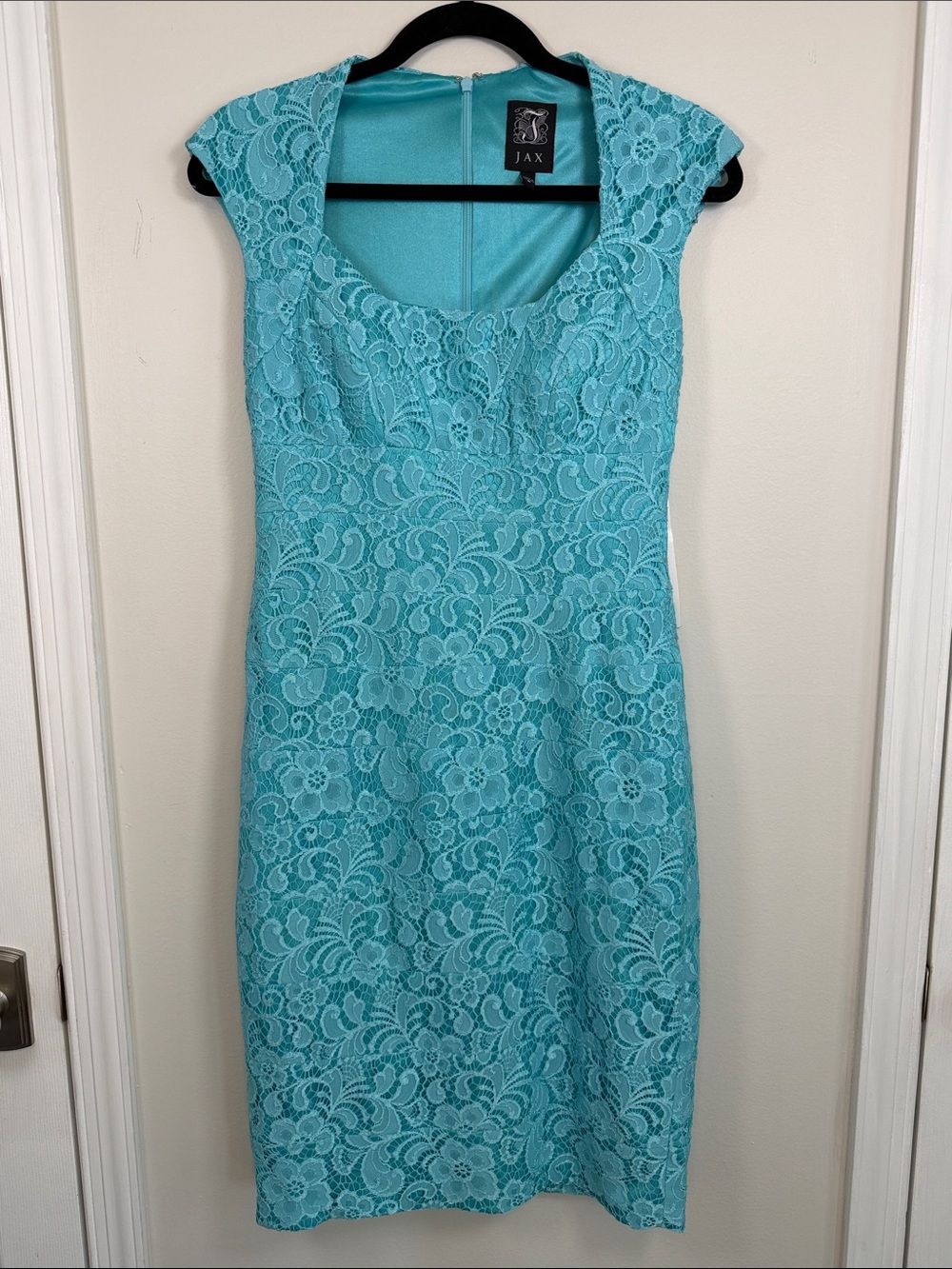 JAX Turquoise Teal Lace Sheath Dress Cap Sleeve Bodycon Cocktail Party Size 6
